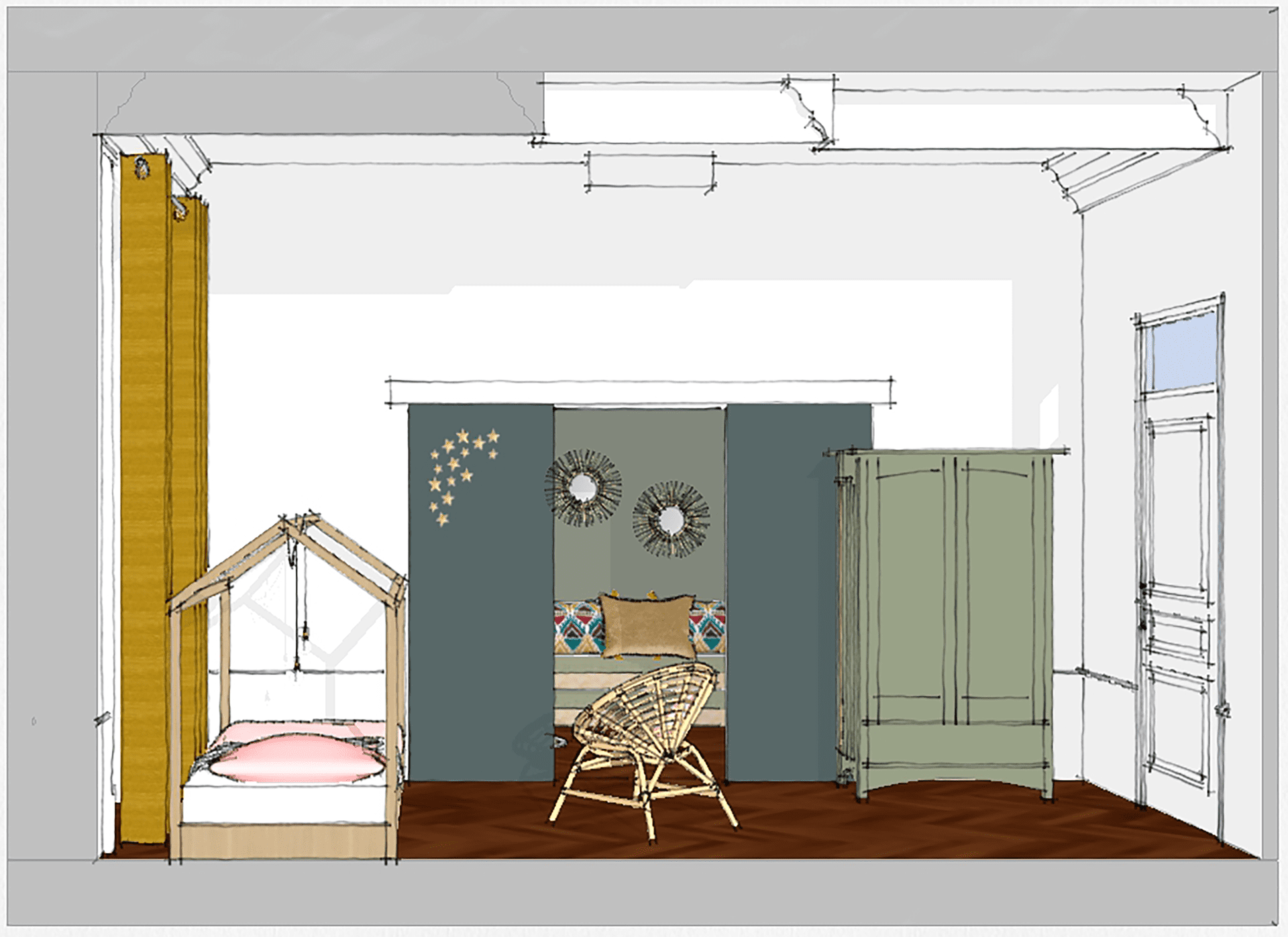 Croquis perspective 3D d'une chambre