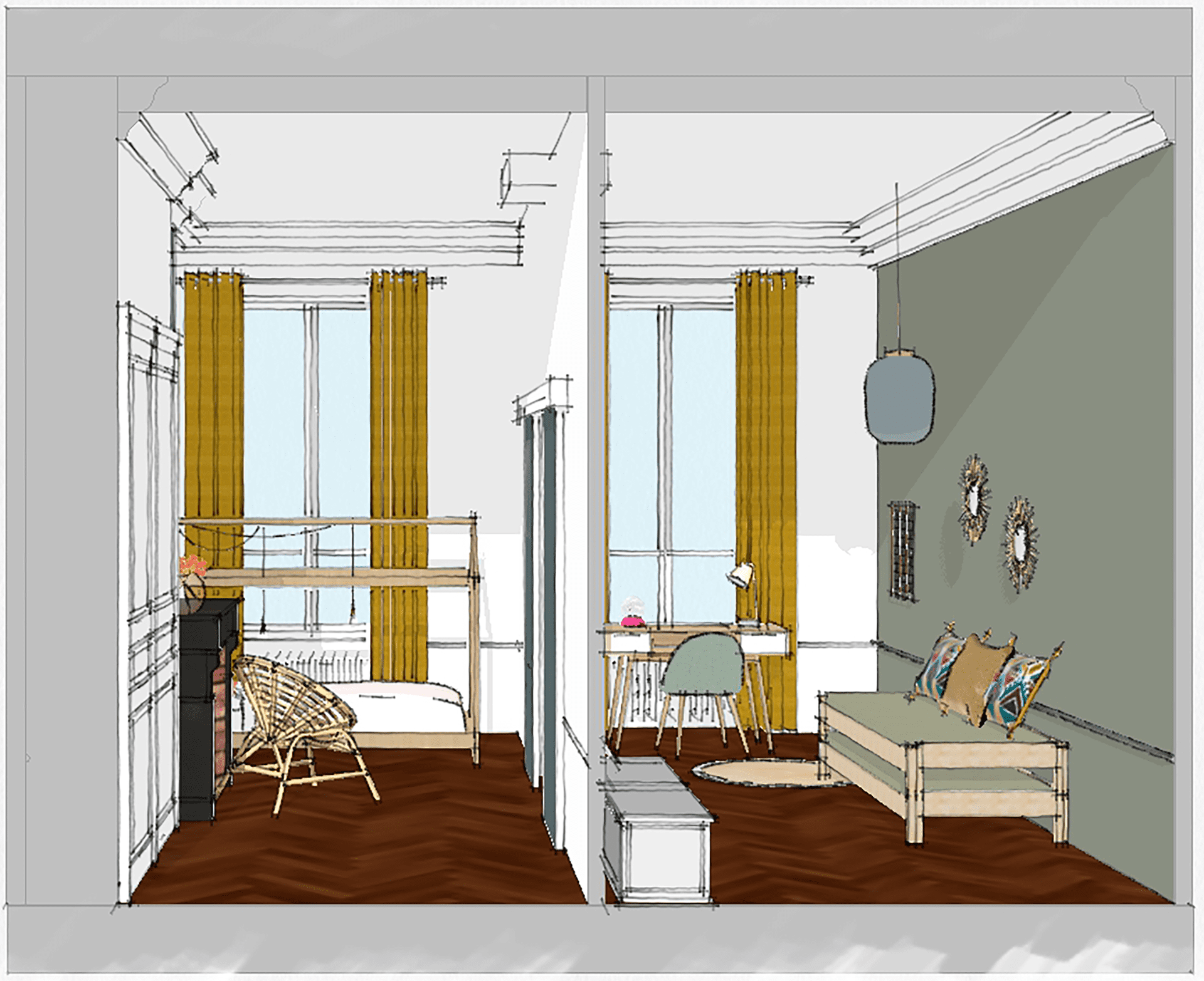 Croquis perspective 3D d'une chambre