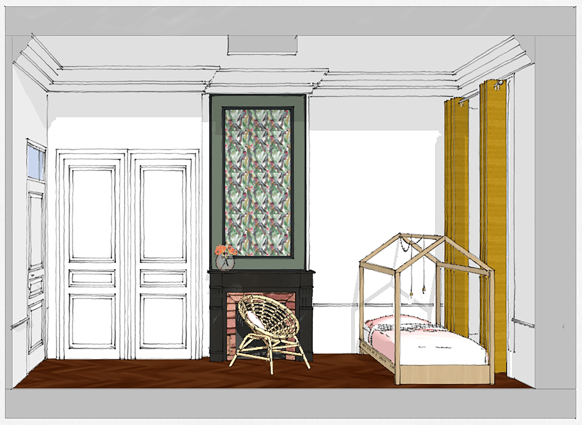 Croquis perspective 3D d'une chambre